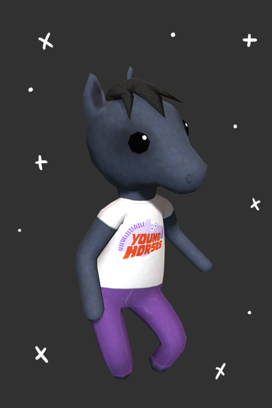 A gif of a humanoid with a horse head and big black empty eyes. It is dancing like a white boy in the club. The horse is wearing a white shirt with the Young Horses logo and bright purple pants that match the logo. Little stars twinkle behind the horse.