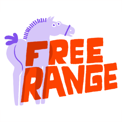 A logo for the Young Horse's line of free, small games called Free Range. It has large text that says Free Range over a very naked looking horse from our regular logo. It looks back at you over its shoulder cheekily. The horse has a very visible butt and a cute little tail.