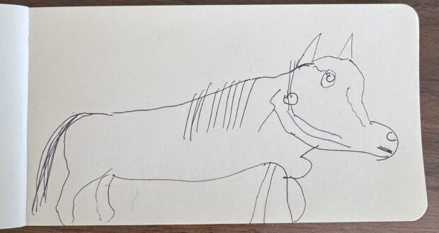 This doesn't look like a drawing of a horse, but it is. Imagine the body of a corgi and the general shape of a horse. 4 legs, a tail, pointy ears, the general concept of a horses long face. The drawing is made quickly with pen. The horse's mane only exists on its neck, not on the top of its head. I would hang it on my fridge, but not because I am proud of my child for drawing it.