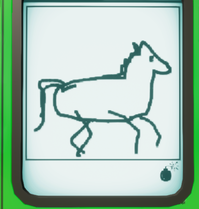 This is a digital drawing of a horse on what looks like an etch a sketch. It looks more like a jellybean on four stick legs. the head looks like a horse head.