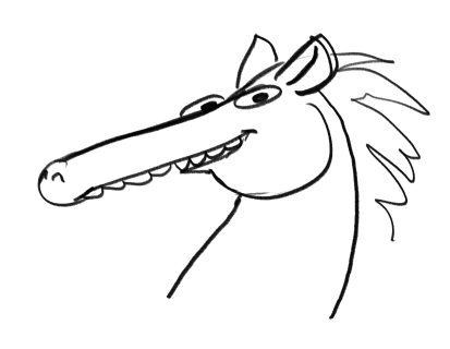 This is a cartoon horse head with a very, very long nose and rounded teeth that span the full length of the smile. It looks at you with a fondness you find surprising for a cartoon horse.