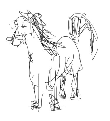 This is a drawing of a horse that would happen if you closed your eyes and drew a horse with a mouse. It is 80% scribble, 20% horse. It is standing on all 4s and staring into the camera. Its nostrils are larger than its face, and its tail is lifted ominously in the air, like it is about to poop.