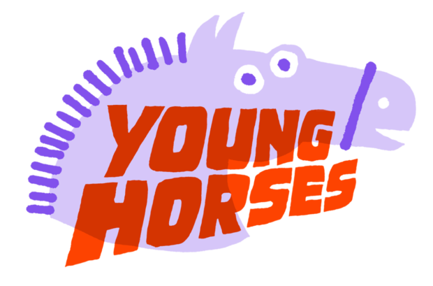 A light purple logo of a horse head with empty, stupid eyes. It is staring right at you, mouth slightly ajar. Red text overlapping with the horse says "Young Horses"