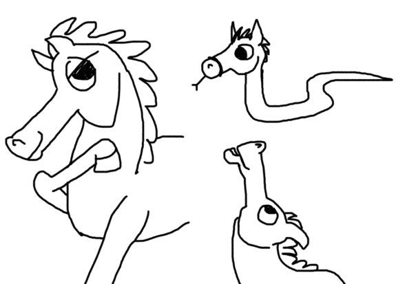 This is a sultry cartoon horse. They have their leg crossed over their chest abashedly, like they're saying "aw shucks." There is also a snake horse hybrid. Snake body horse head snake tongue. There is a normal cartoon horse looking up at the snake horse.